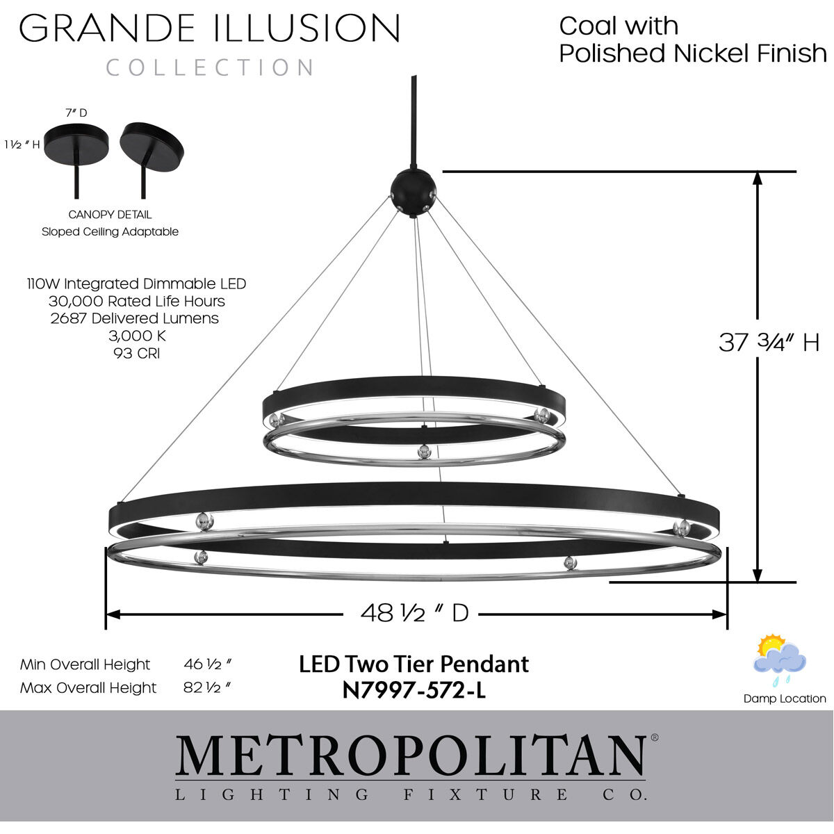 Grande Illusion LED 48.5 inch Coal with Polished Nickel Pendant Ceiling Light