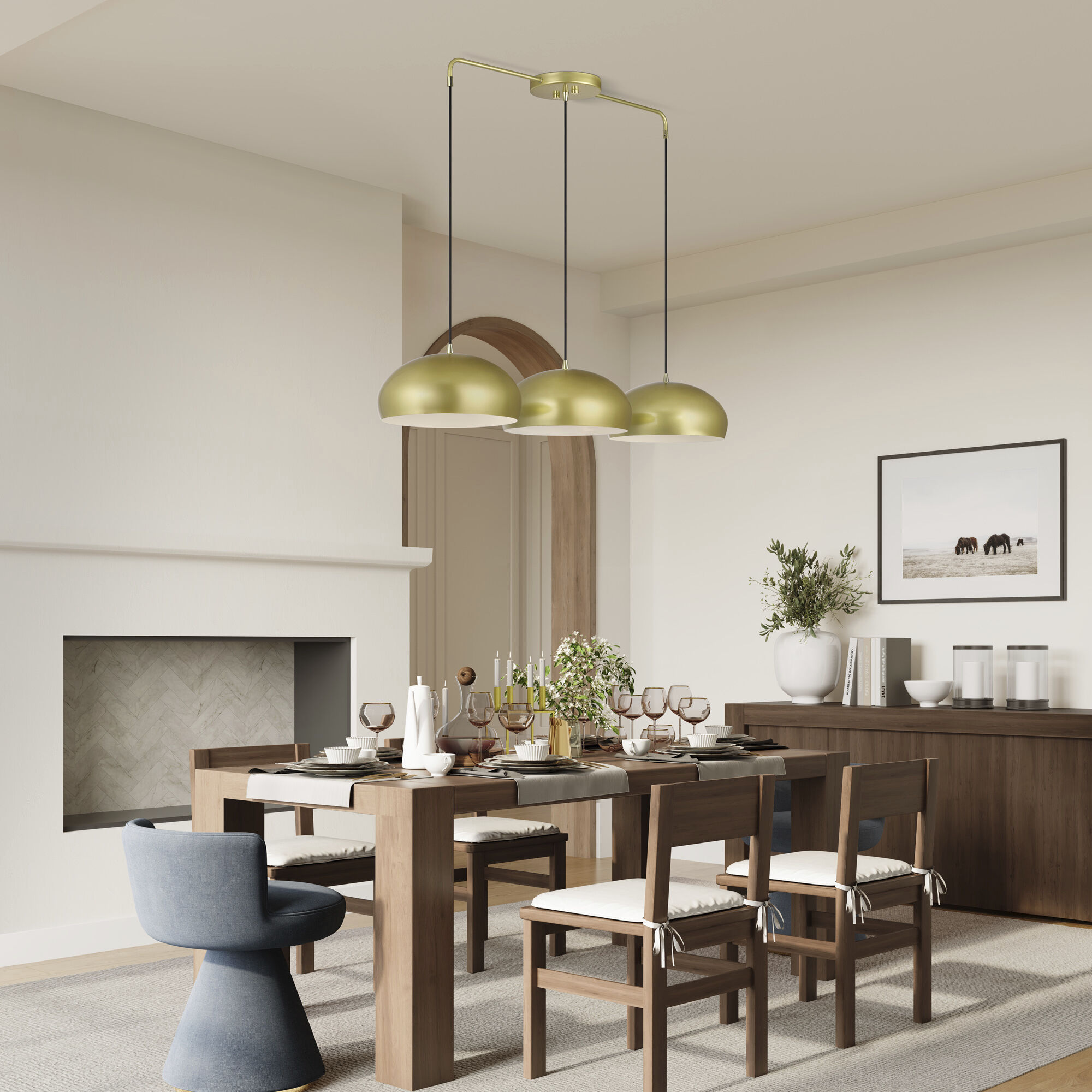 Domma 3 Light 48 inch Soft Gold with Polished Brass Accents Linear Chandelier Ceiling Light, Extra Large