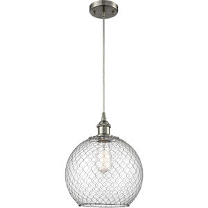 Ballston Large Farmhouse Chicken Wire LED 10 inch Brushed Satin Nickel Mini Pendant Ceiling Light in Clear Glass with Nickel Wire, Ballston