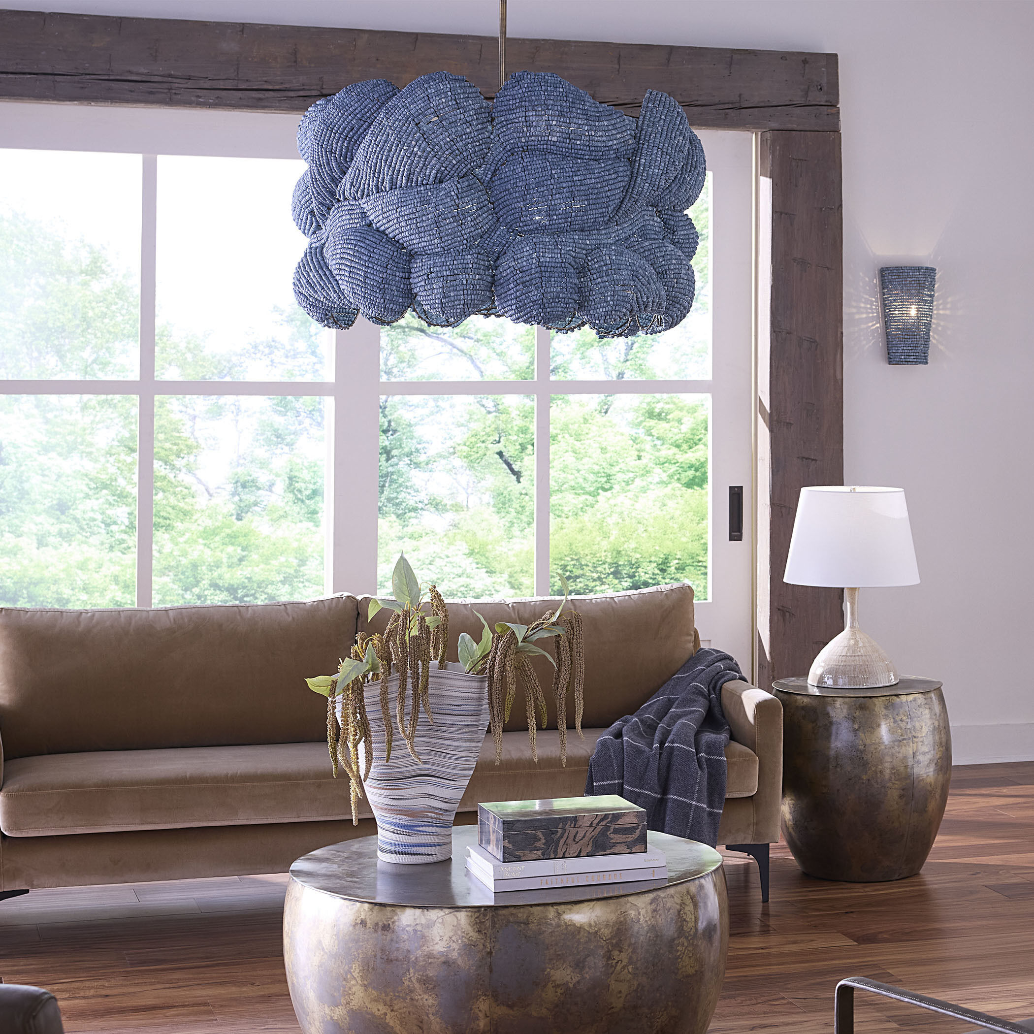 Anguilla LED 36 inch Blue Wood Beads Chandelier Ceiling Light, Large, Inline