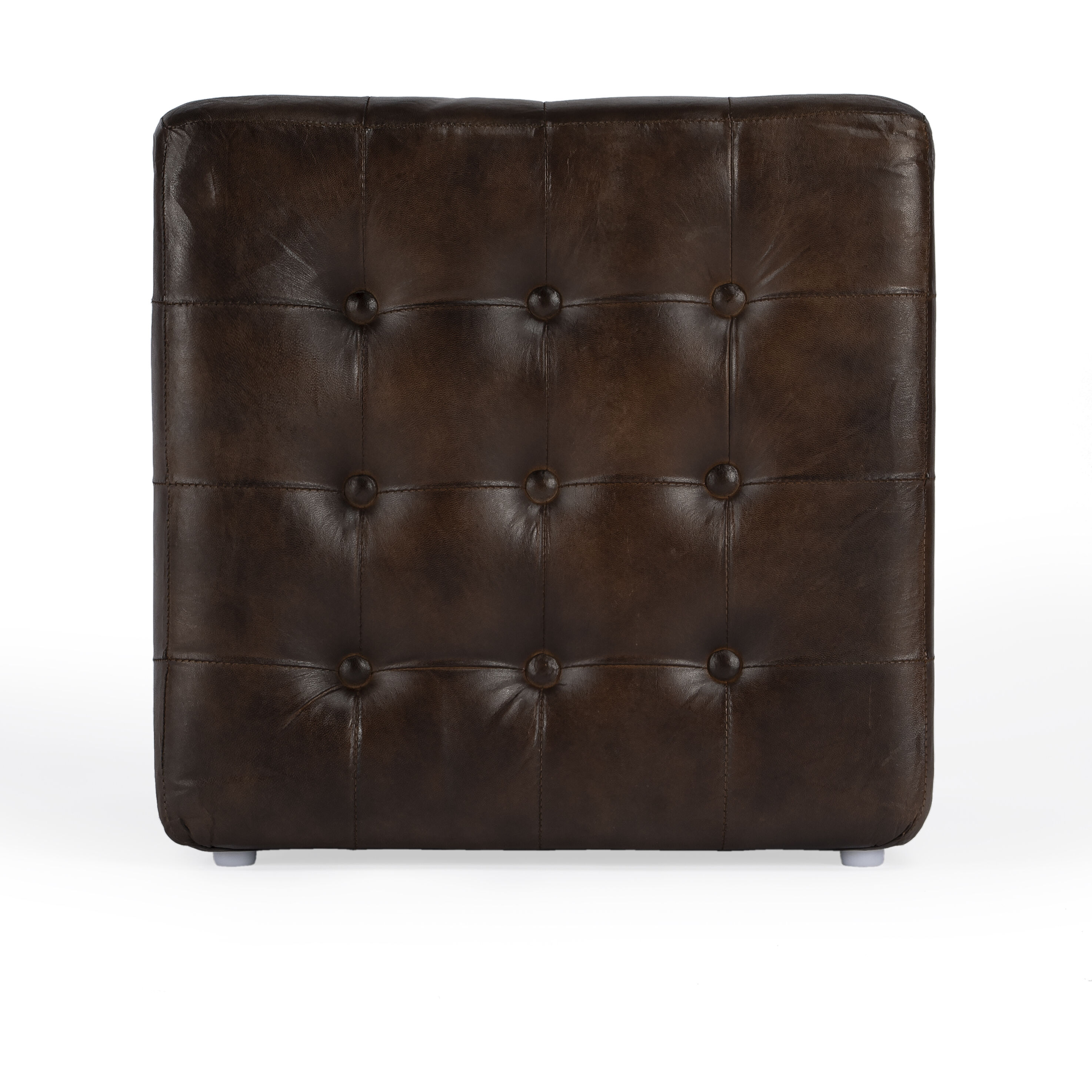 Leon Button Tufted Leather Ottoman in Dark Brown