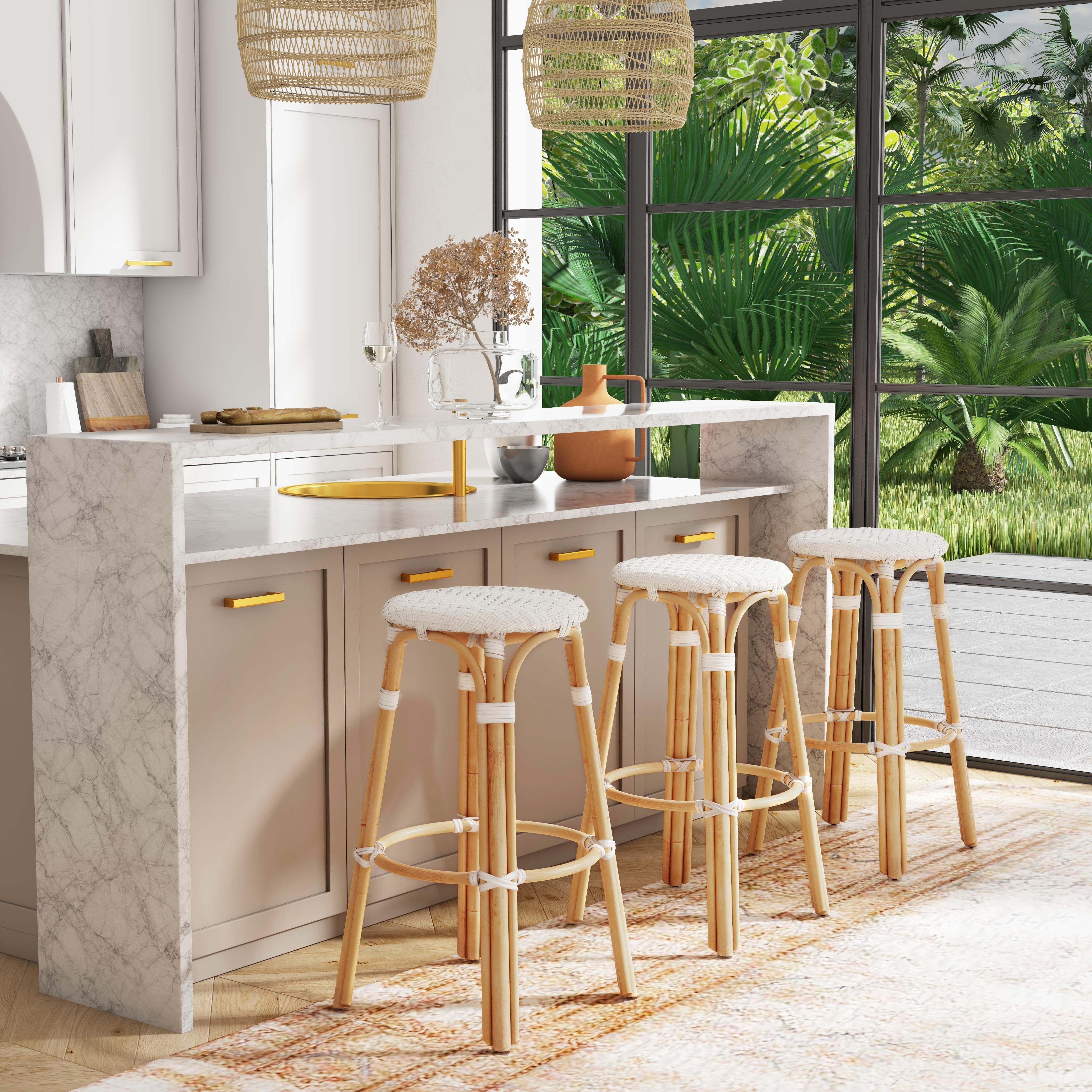 Tobias Round Rattan 30" Bar Stool in Glossy White