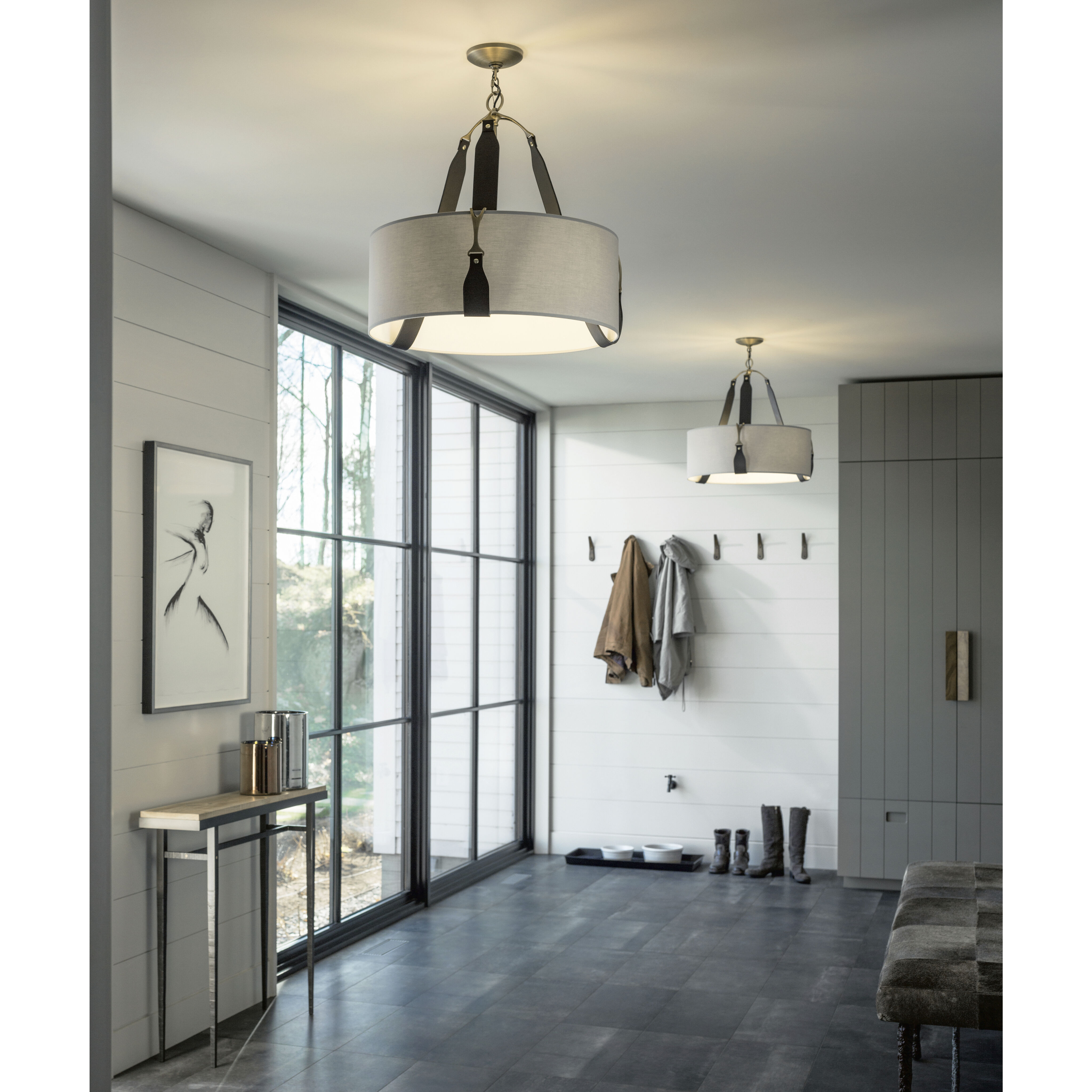 Saratoga 3 Light 26.2 inch Polished Nickel Pendant Ceiling Light in Leather Black, Flax, Small