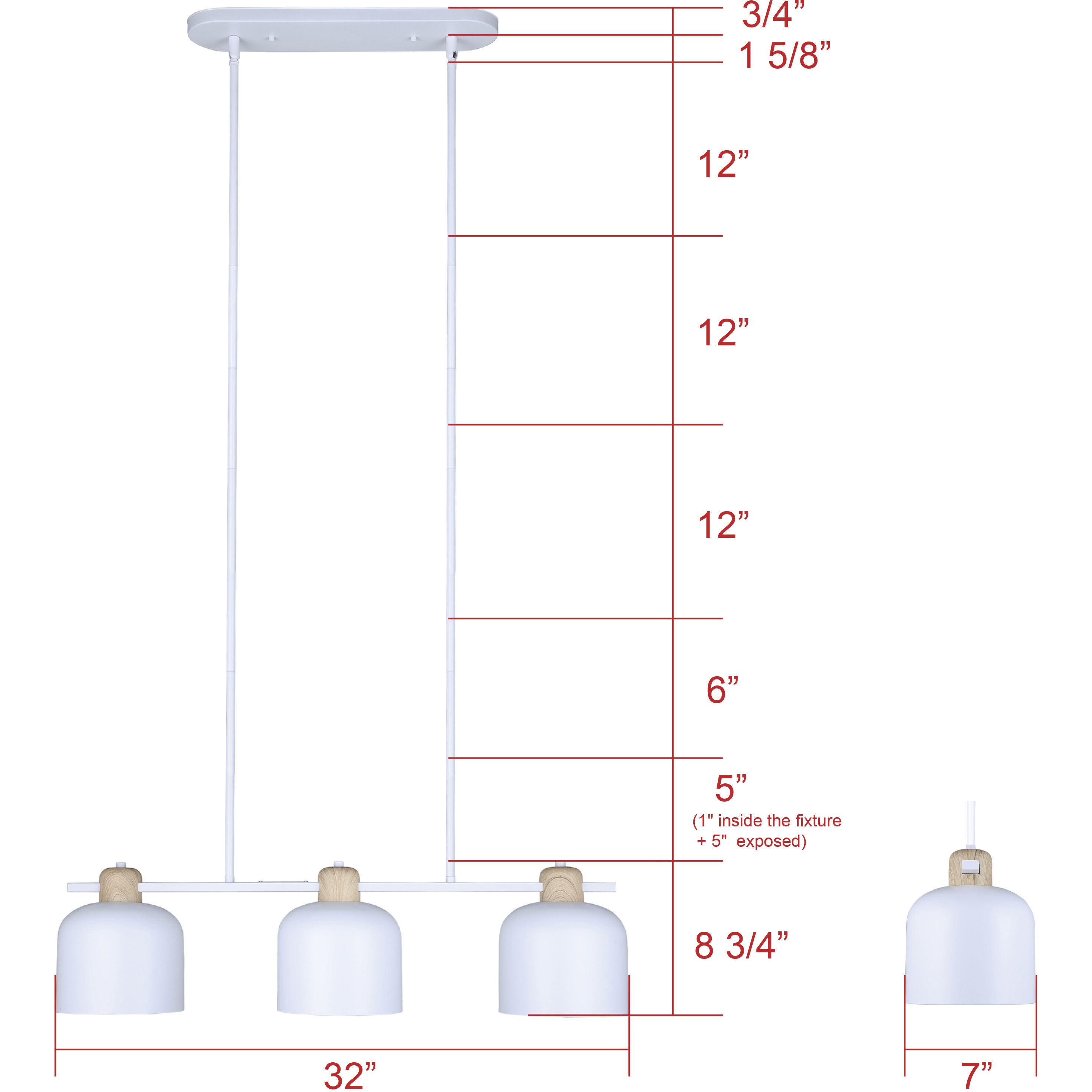 Caleb 3 Light 7 inch Matte White & Wood Pendant Ceiling Light