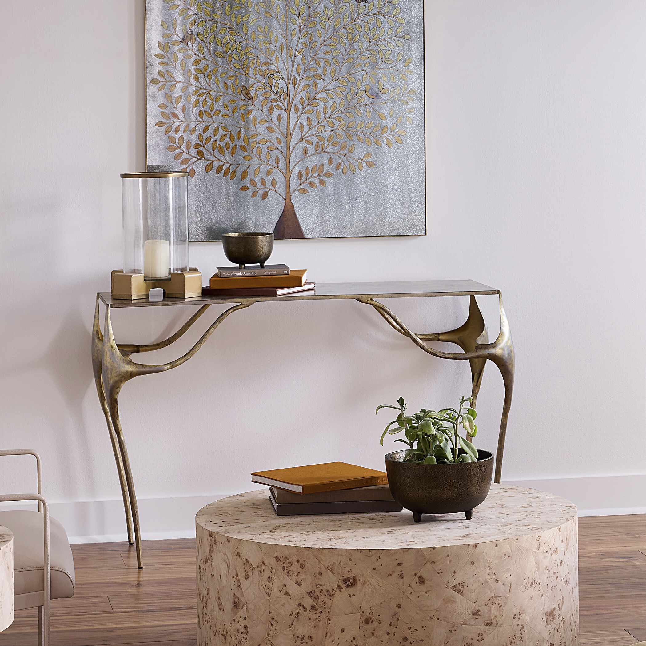 Persephone 48 inch Antique Brass and Silver Patina Console Table, Inline