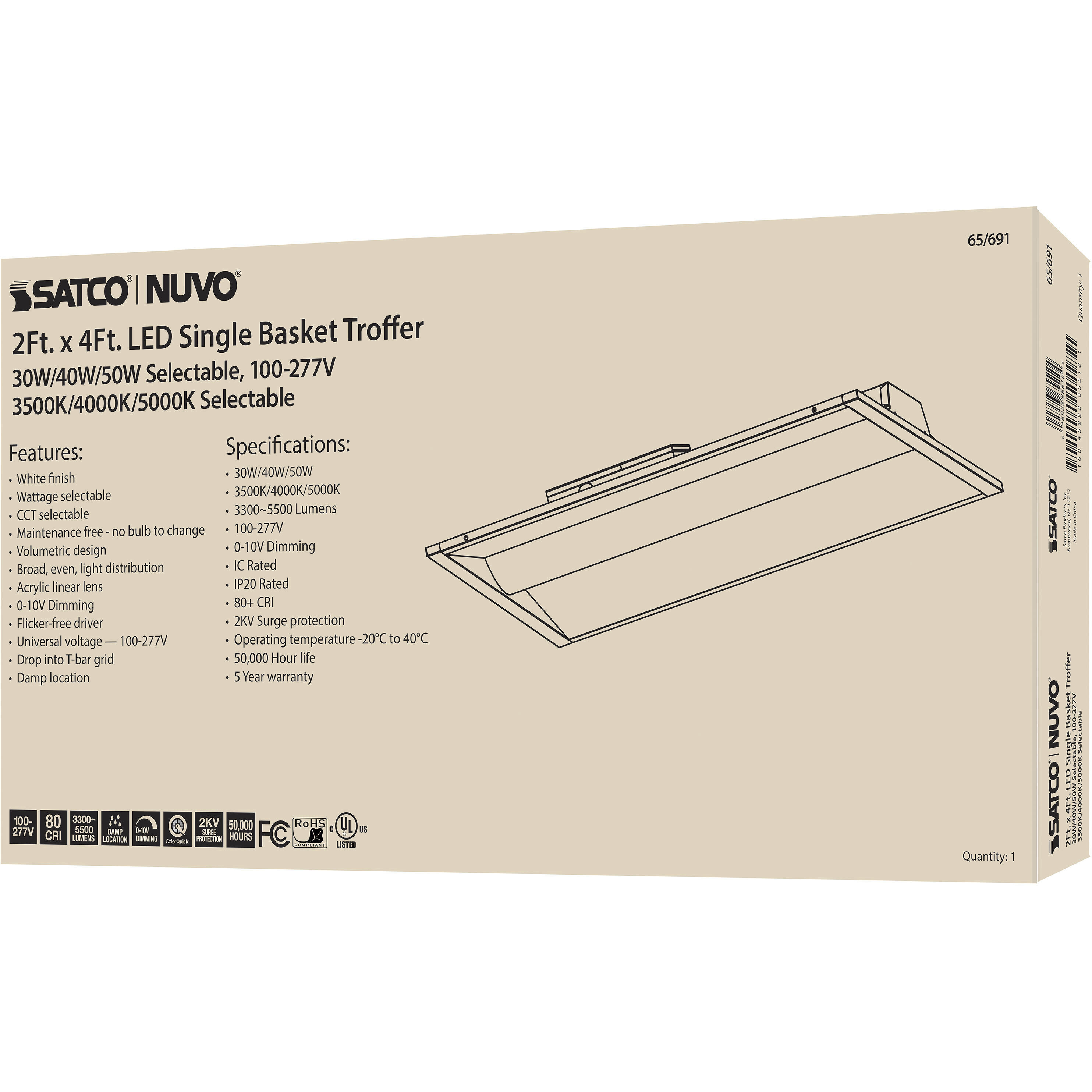 Brentwood LED 24 inch White Troffer Ceiling Light, Center Basket