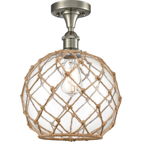 Ballston Large Farmhouse Rope 1 Light 10 inch Brushed Satin Nickel Semi-Flush Mount Ceiling Light in Clear Glass with Brown Rope, Ballston