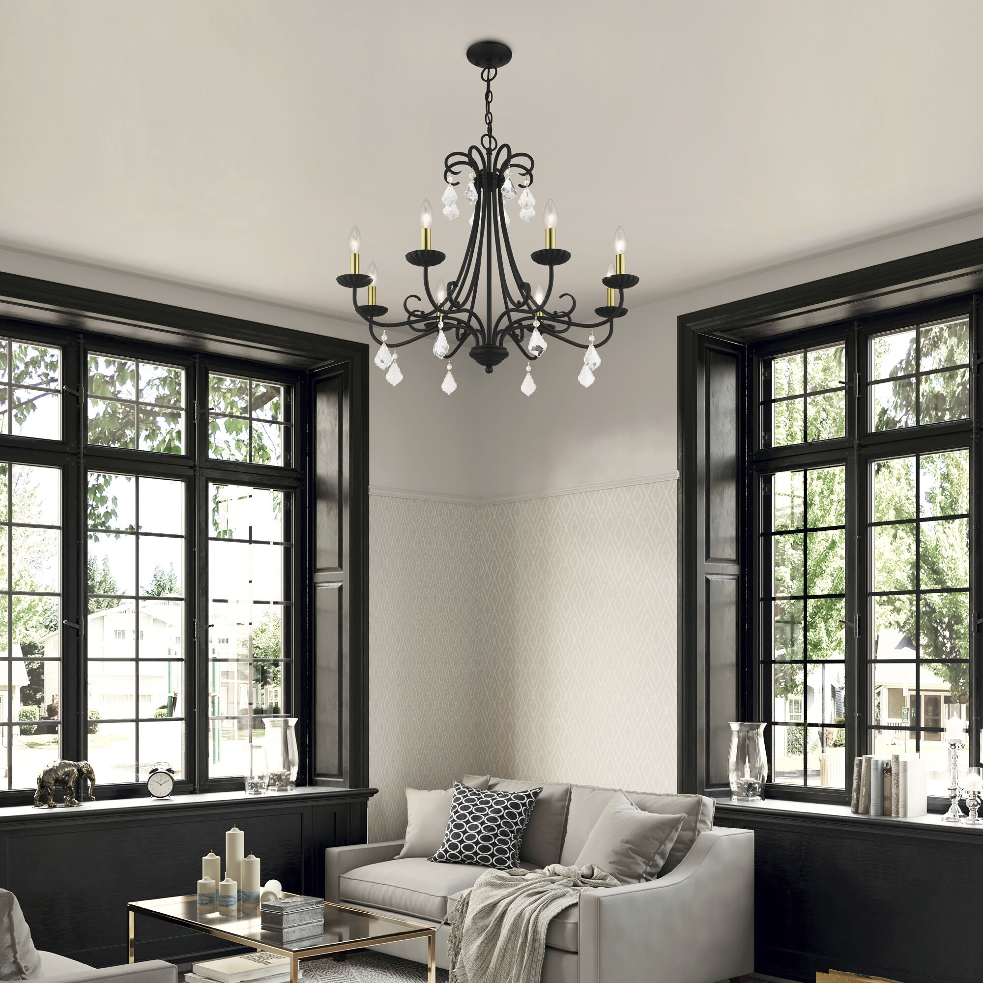 Daphne 8 Light 29.75 inch Black with Antique Brass Finish Accents Chandelier Ceiling Light in Black with Antique Brass Accents, Large