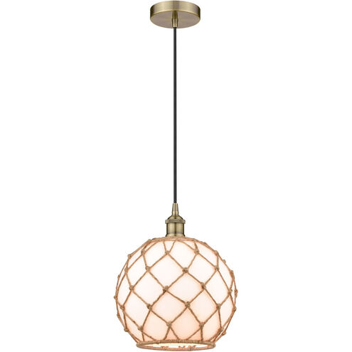 Edison Farmhouse Rope LED 10 inch Antique Brass Mini Pendant Ceiling Light in White Glass with Brown Rope
