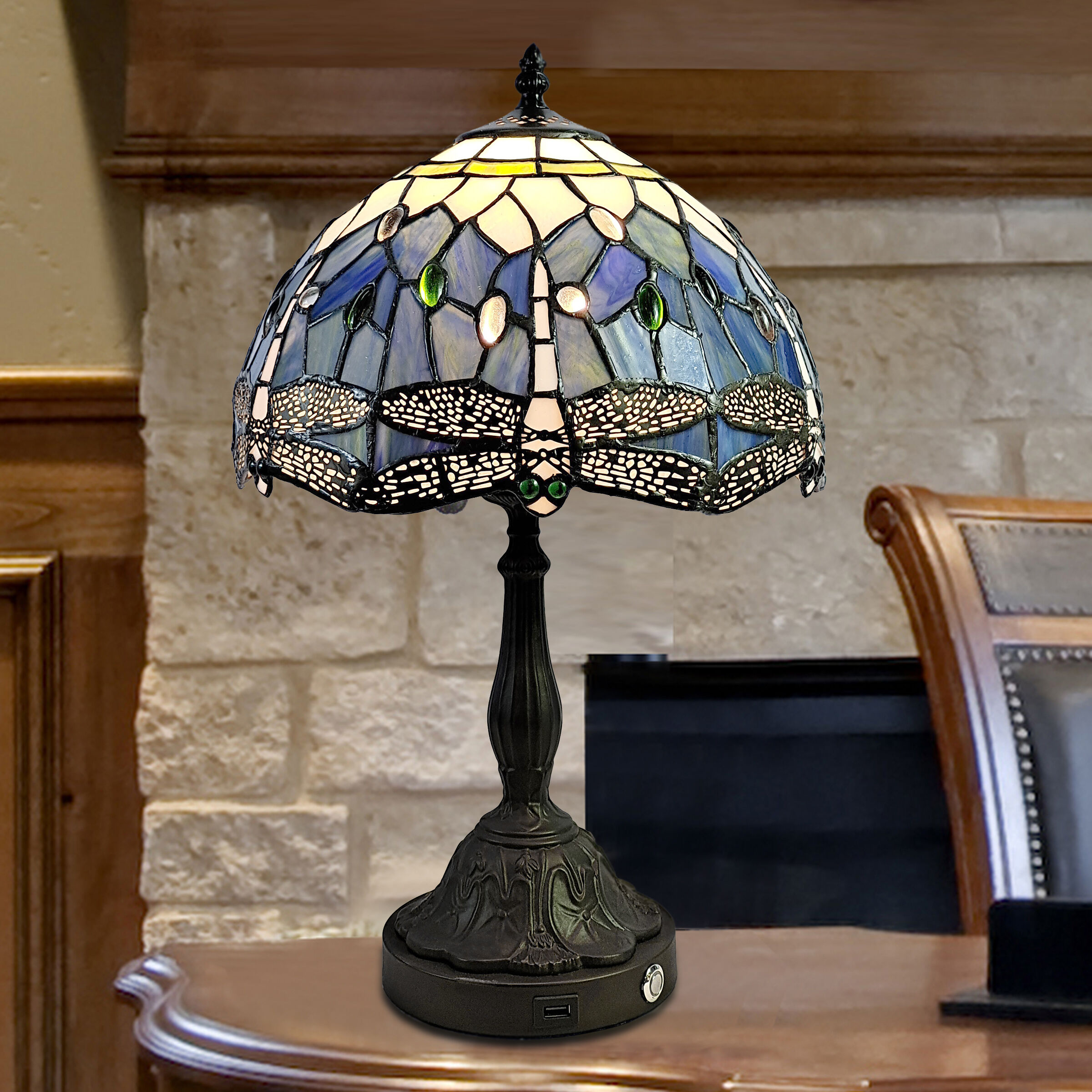 Dale Tiffany Jordan Dragonfly Tiffany Table Lamp with USB Port