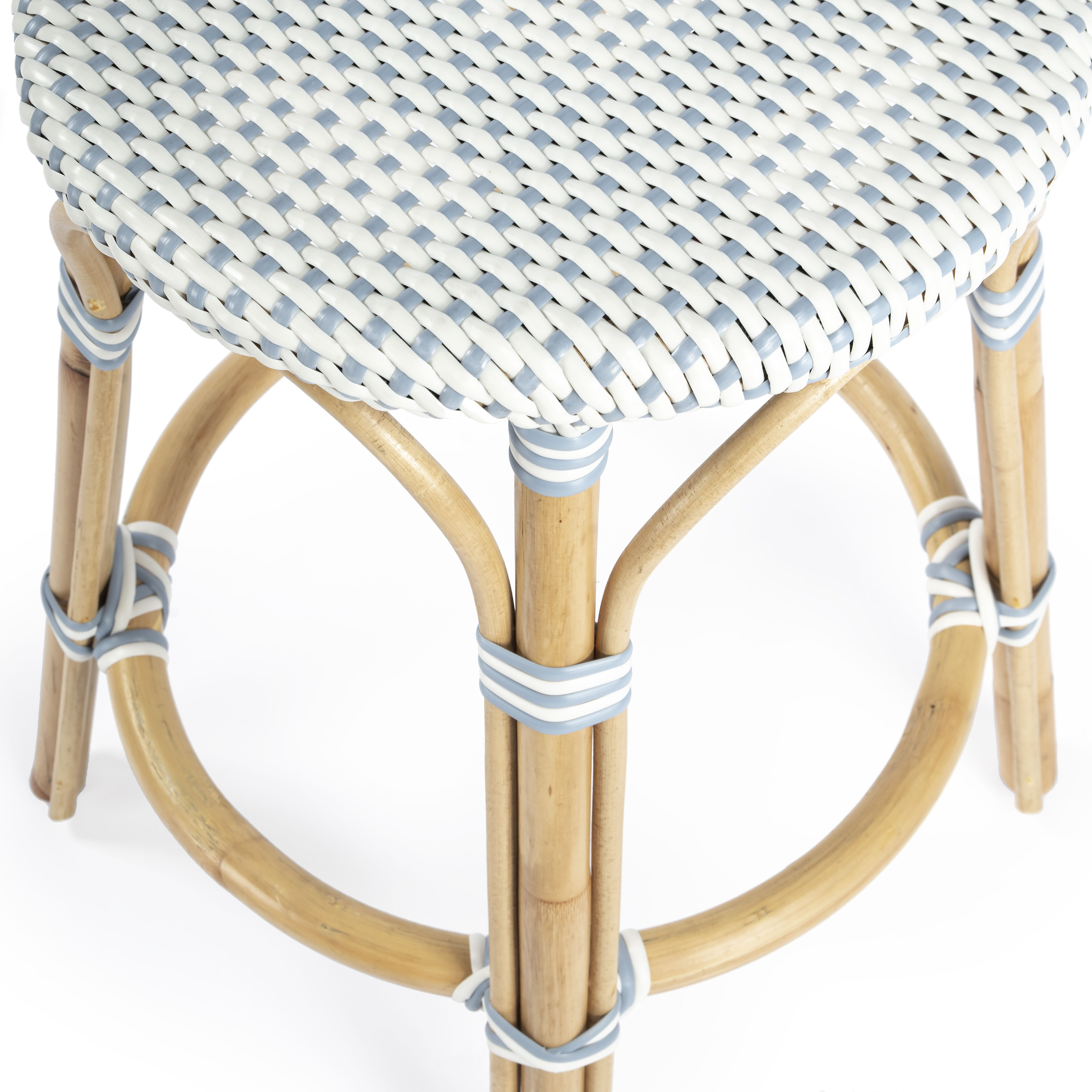 Tobias Rattan Round 24" Counter Stool in White and Sky Blue Dot