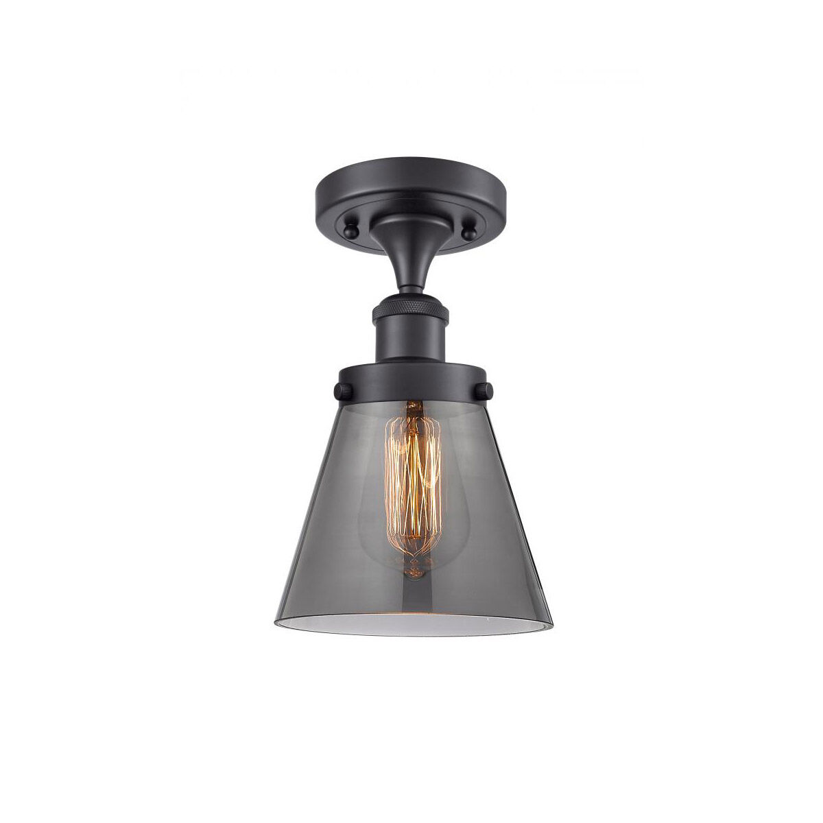 Ballston Small Cone 1 Light 6 inch Matte Black Semi-Flush Mount Ceiling Light in Plated Smoke Glass, Ballston