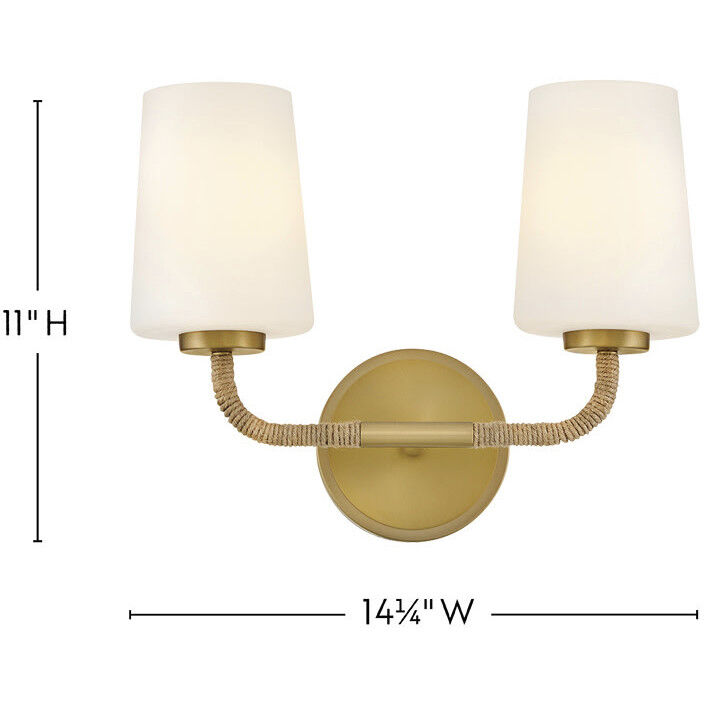 Kline 2 Light 14.25 inch Lacquered Brass with Natural Vanity Light Wall Light in Etched Opal, Small