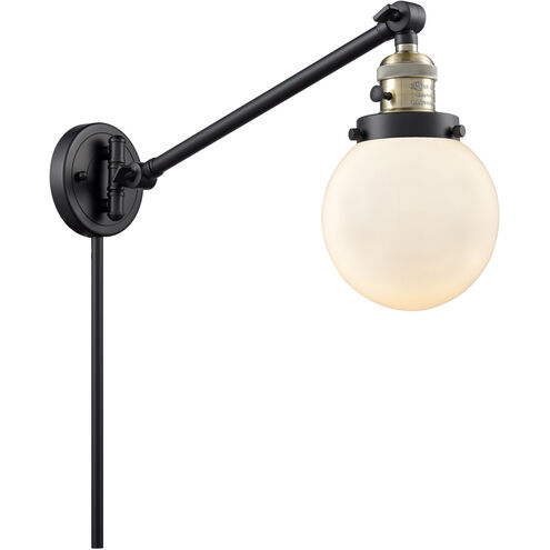 Beacon 21 inch 3.5 watt Black Antique Brass Swing Arm Wall Light in Matte White Glass, Franklin Restoration