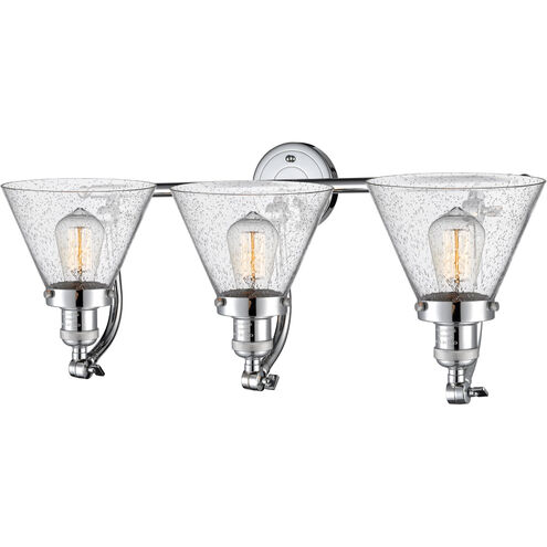 Franklin Restoration Large Cone 3 Light 28 inch Polished Chrome Bath Vanity Light Wall Light in Seedy Glass, Franklin Restoration