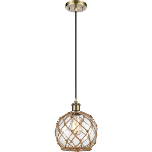 Ballston Farmhouse Rope 1 Light 8 inch Antique Brass Mini Pendant Ceiling Light in Incandescent, Clear Glass with Brown Rope, Ballston