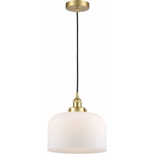 Edison Bell LED 12 inch Satin Gold Mini Pendant Ceiling Light in Matte White Glass
