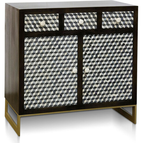 Cameron Chevron Ivory Bone and Antique Gold Metal Cabinet