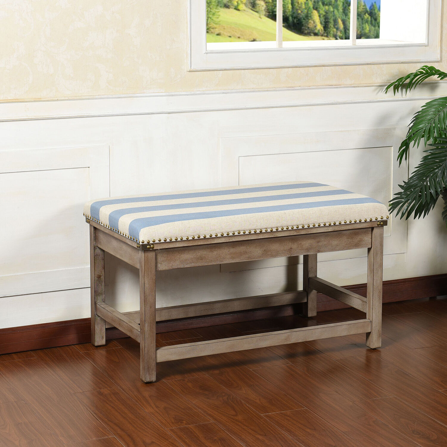 Bay St. Louis White Washed and Cream and Blue Bench