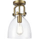 Newton Bell 1 Light 8 inch Brushed Brass Flush Mount Ceiling Light in Clear Glass