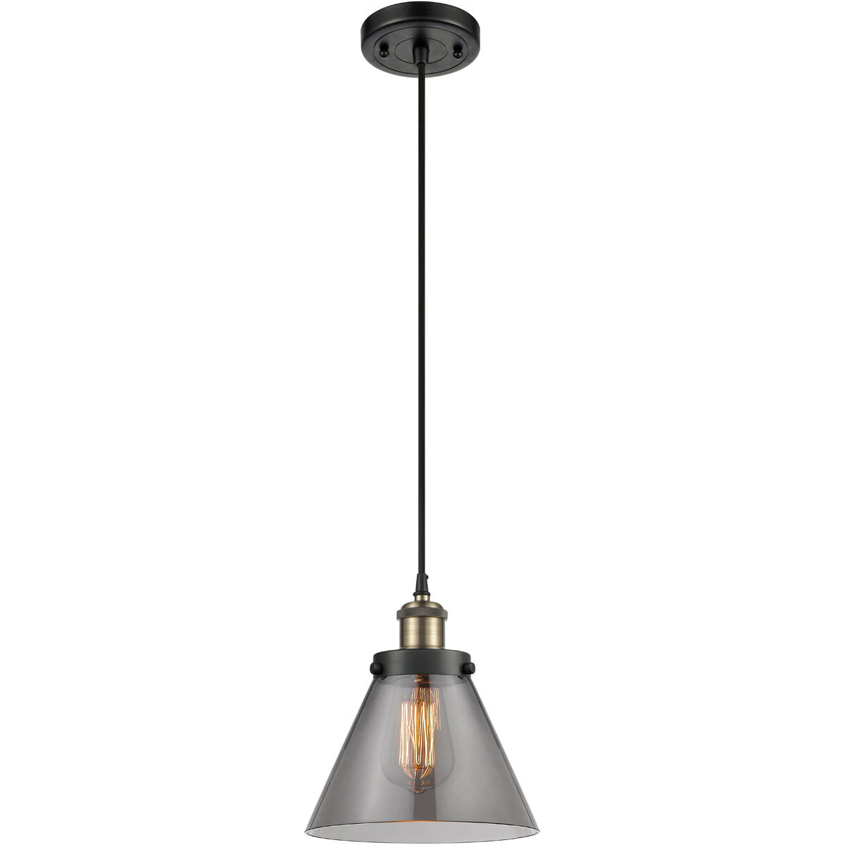 Ballston Large Cone 1 Light 8 inch Black Antique Brass Mini Pendant Ceiling Light in Plated Smoke Glass