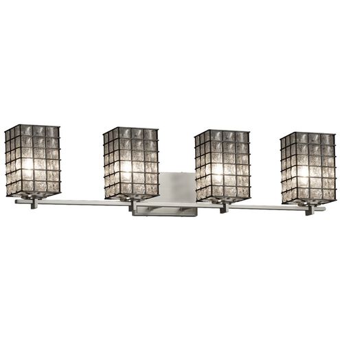 Wire Glass LED 34 inch Brushed Nickel Bath Bar Wall Light in 2800 Lm LED, Grid with Clear Bubbles, Cylinder with Flat Rim, Era