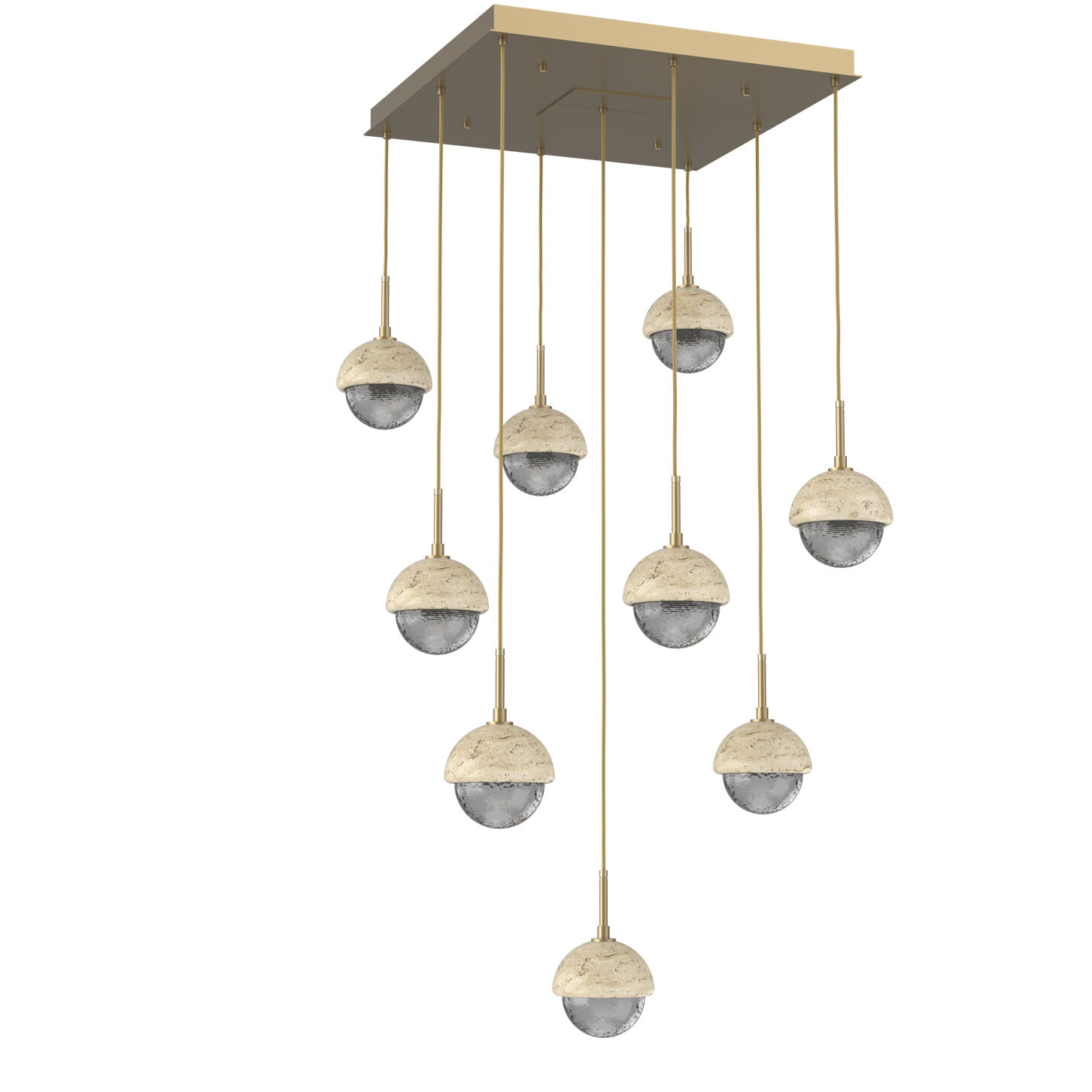 Cabochon LED Gilded Brass with Travertine Stone Pendant Chandelier Ceiling Light in 3000K LED, Smoke