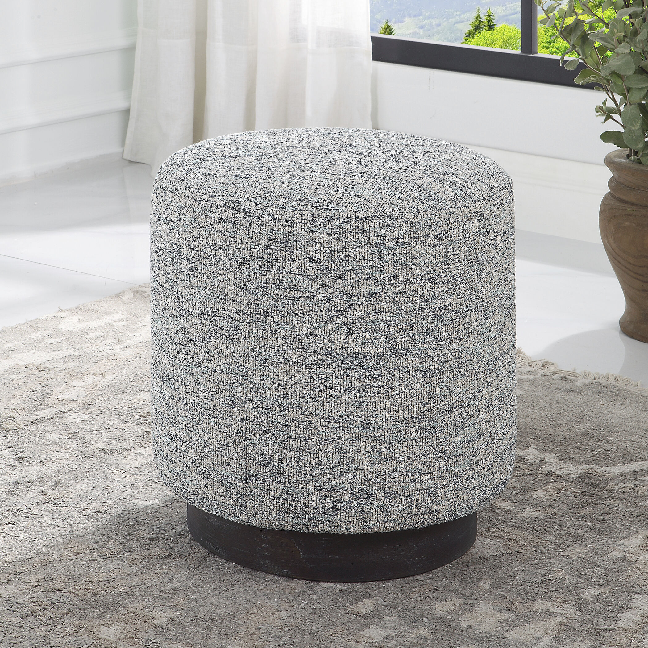 Avila 18 inch Blue and White Tweed Fabric with Dark Walnut Ottoman