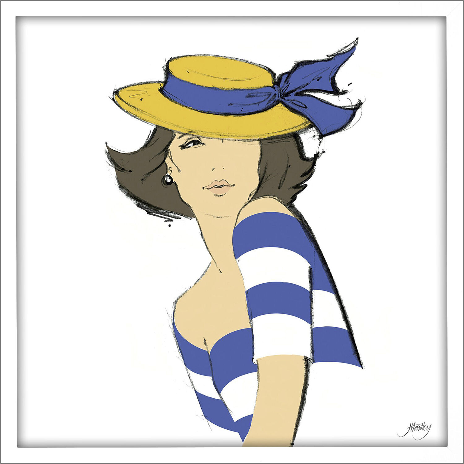 Figurative Blue and White and Yellow Framed Art