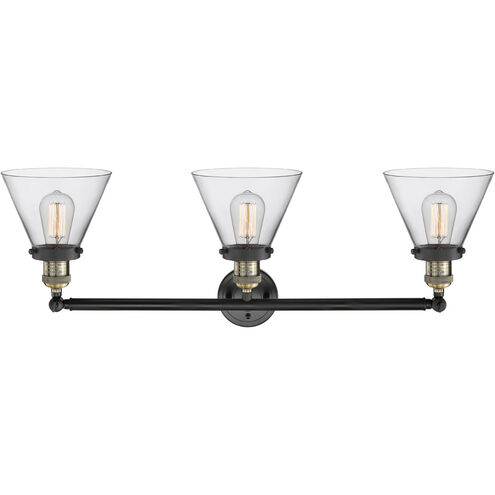 Franklin Restoration Large Cone 3 Light 32 inch Black Antique Brass Bath Vanity Light Wall Light in Clear Glass, Franklin Restoration
