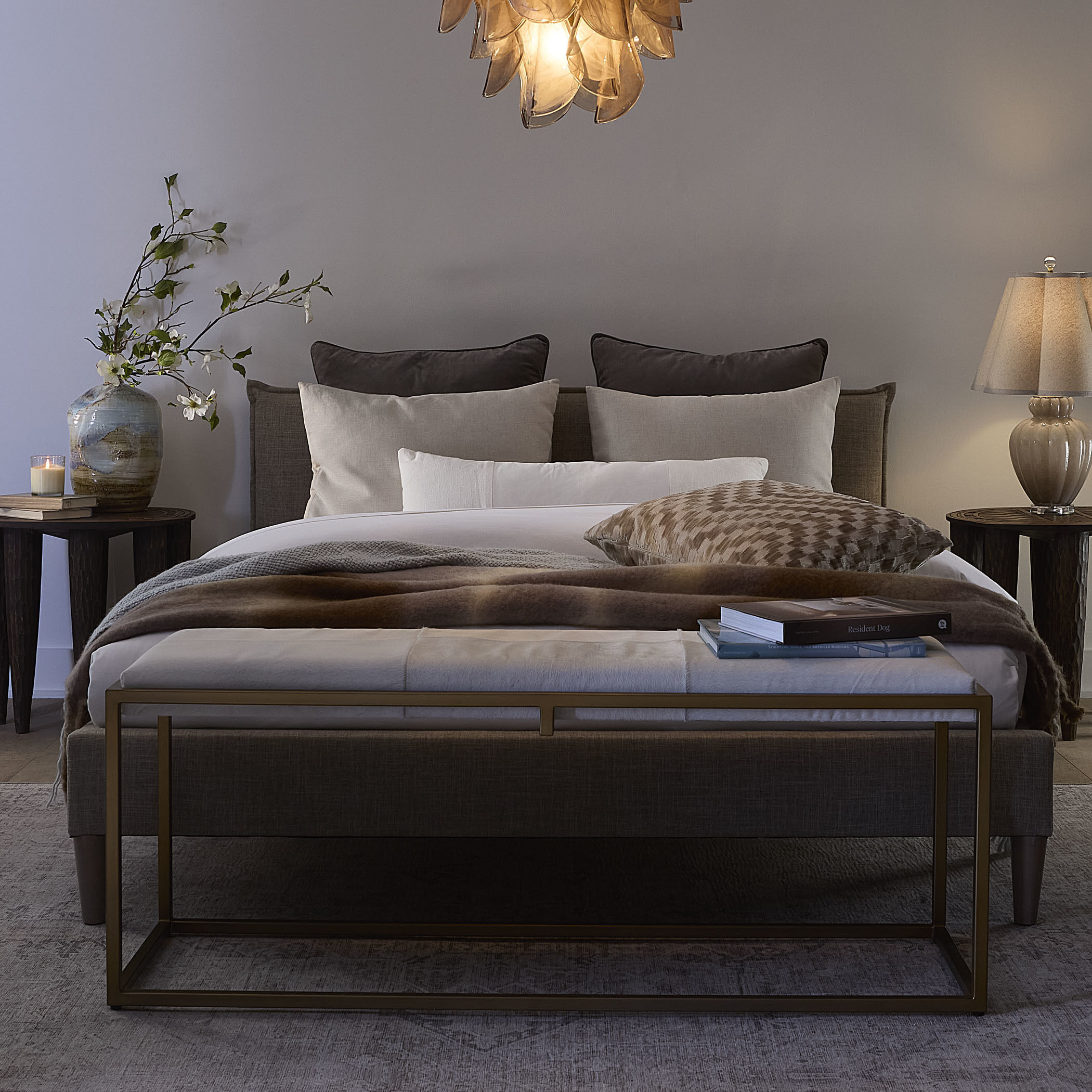 Shelby White Hide and Antique Brass Metal Bench