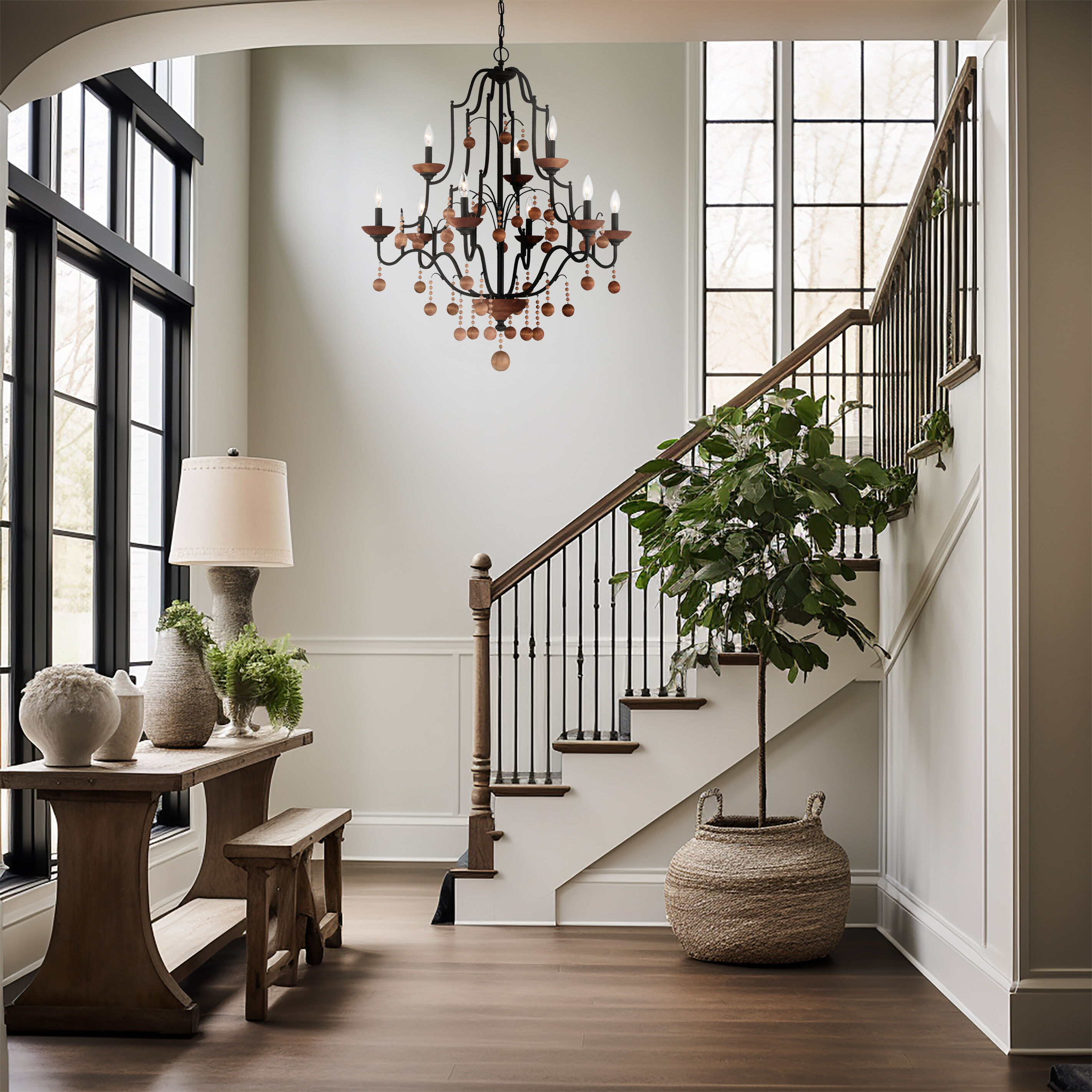 Colonial Charm 9 Light 33 inch Old World Bronze/Walnut Accents Chandelier Ceiling Light