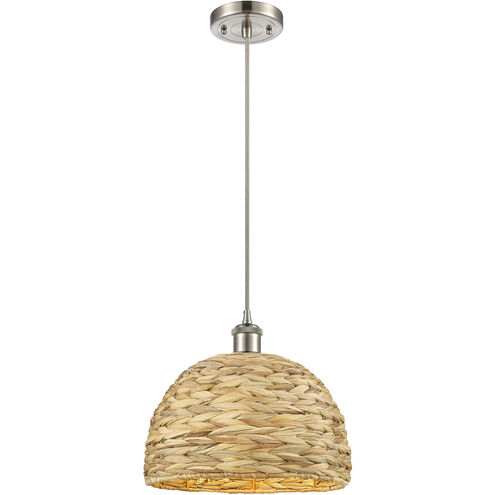 Woven Rattan 1 Light 12 inch Satin Nickel Pendant Ceiling Light