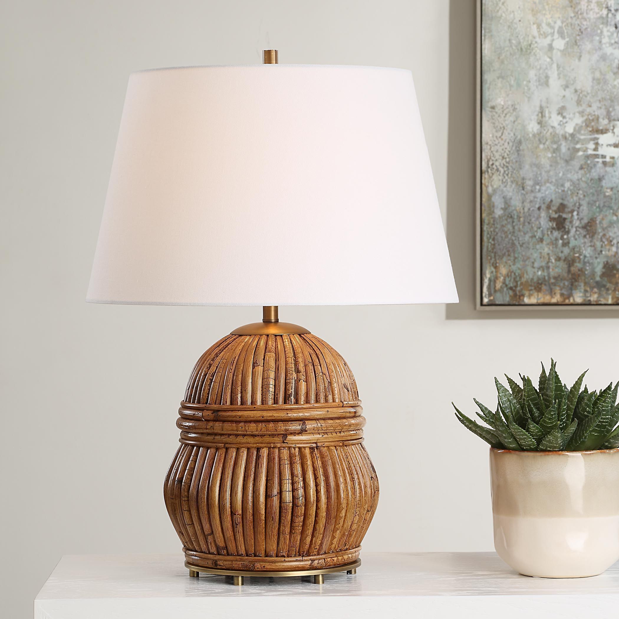 Reed 25 inch 150.00 watt Aged Rattan with Warm Honey Stain and Antique Brass Table Lamp Portable Light