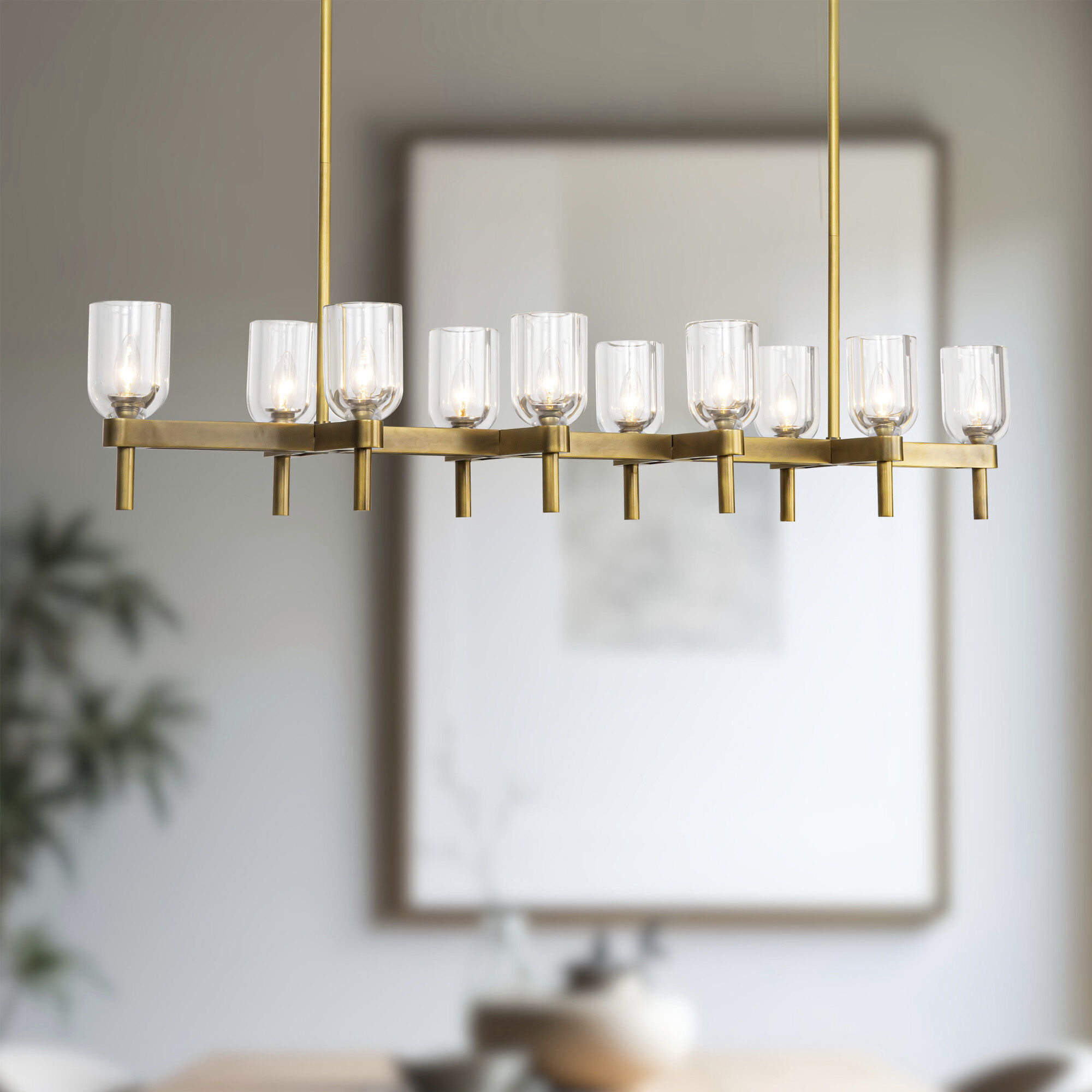 Lucian 10 Light 51.5 inch Vintage Brass/Clear Crystal Linear Pendant Ceiling Light in Clear Glass