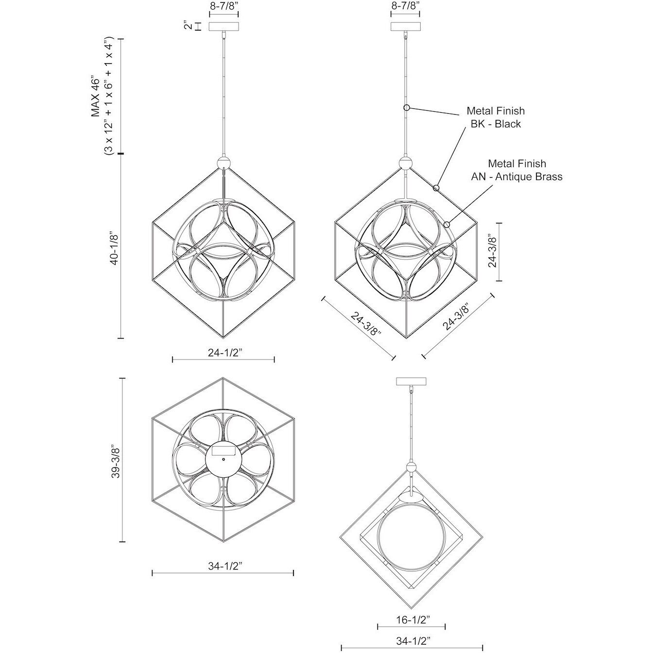 Monza LED 39.38 inch Black and Antique Brass Chandelier Ceiling Light