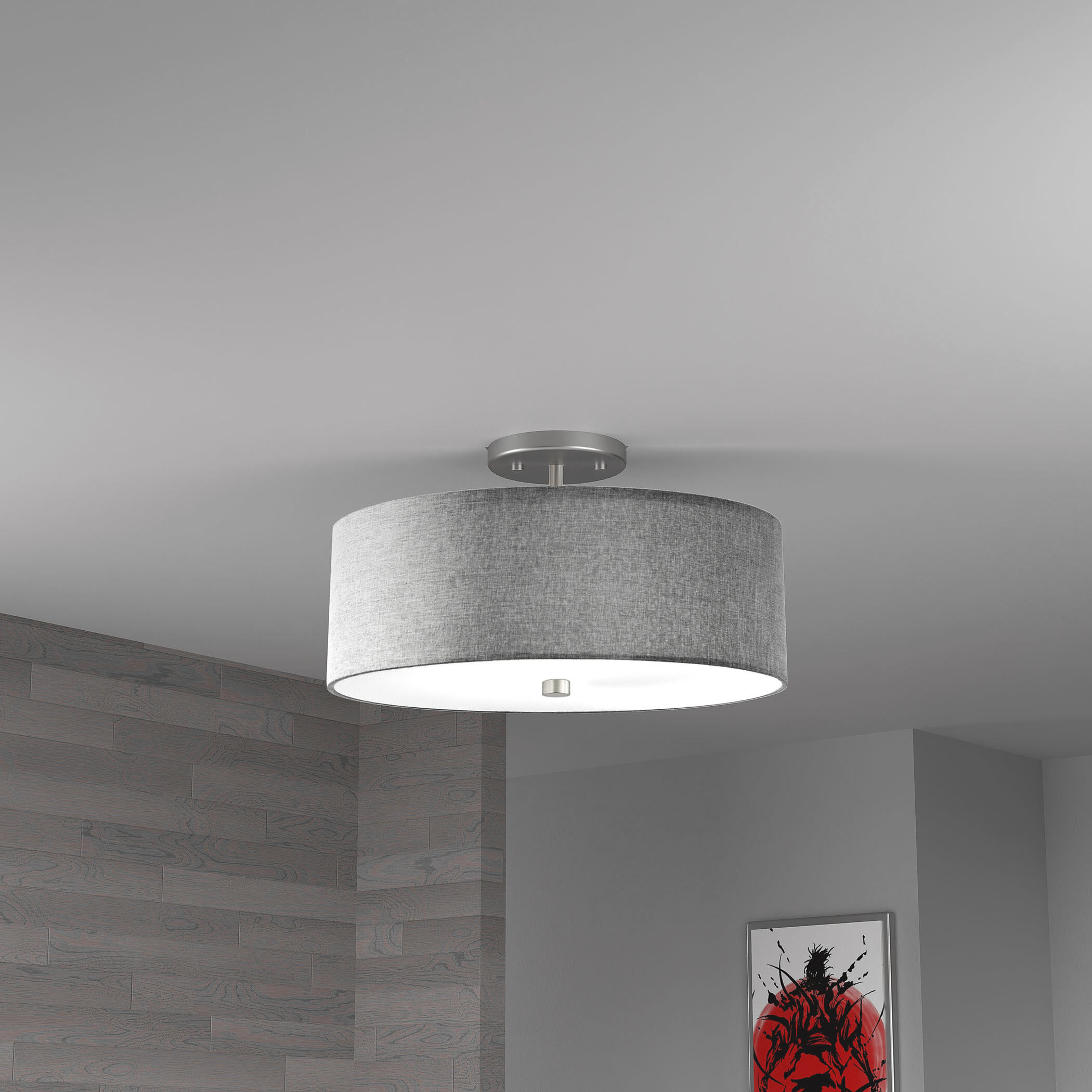 Everly 3 Light 14.25 inch Satin Chrome with Grey Semi-Flush Mount Ceiling Light