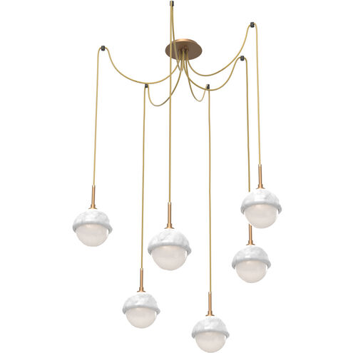 Cabochon LED 14.1 inch Novel Brass with White Marble Swag Multi-Pendant Ceiling Light in 3000K LED, Opal White