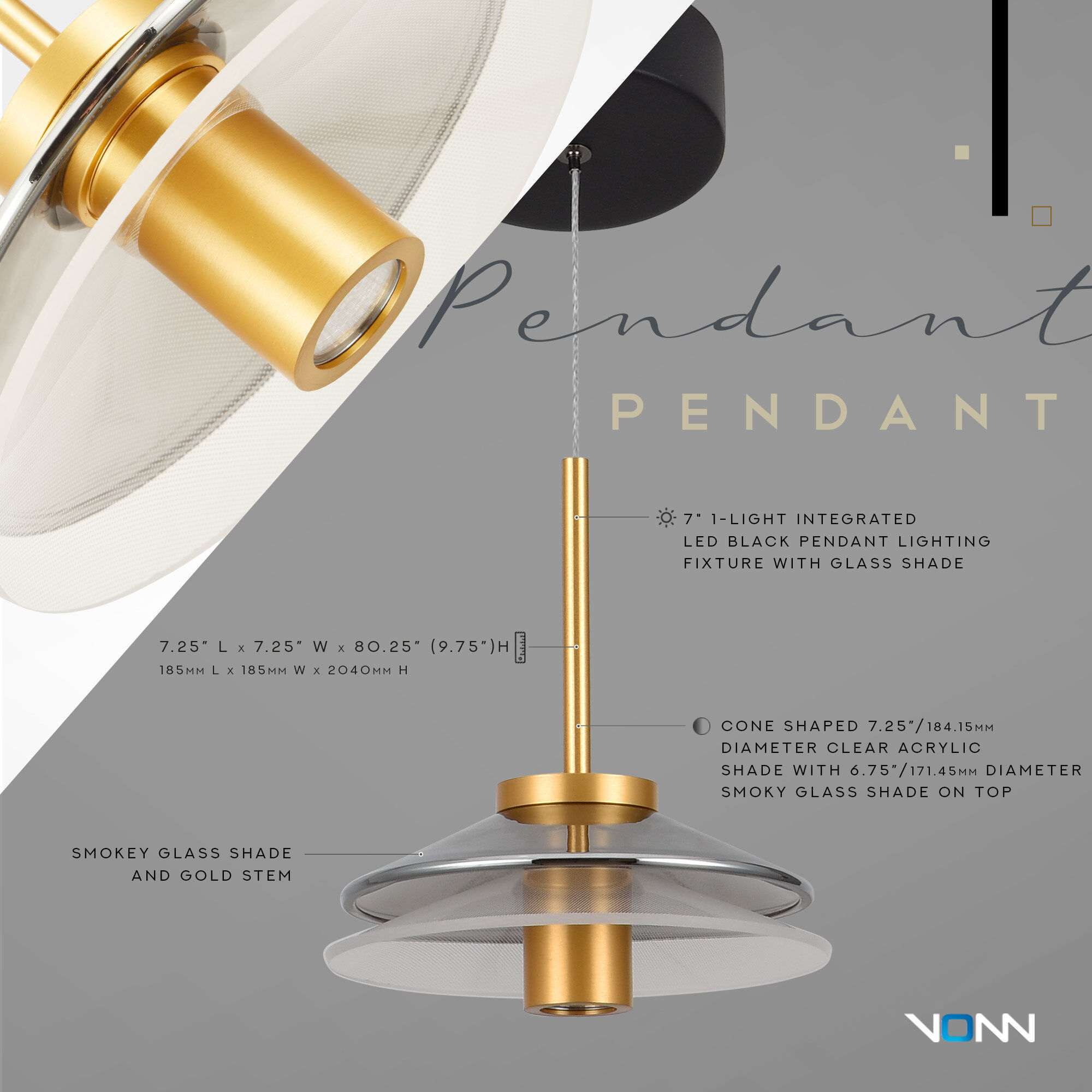 Verona Series 7.25 inch Black/Gold Pendant Ceiling Light, Artisan Collection