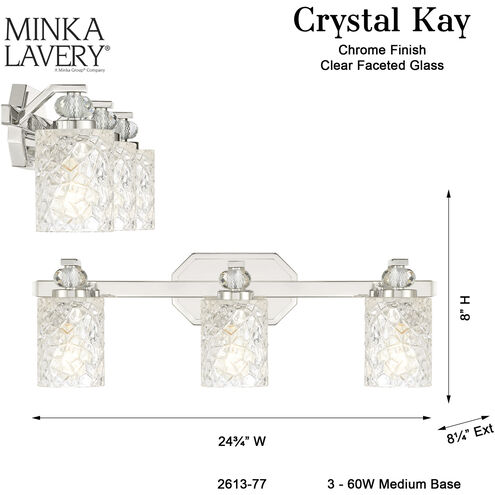 Crystal Kay 3 Light 24.5 inch Chrome Bath Vanity Wall Light