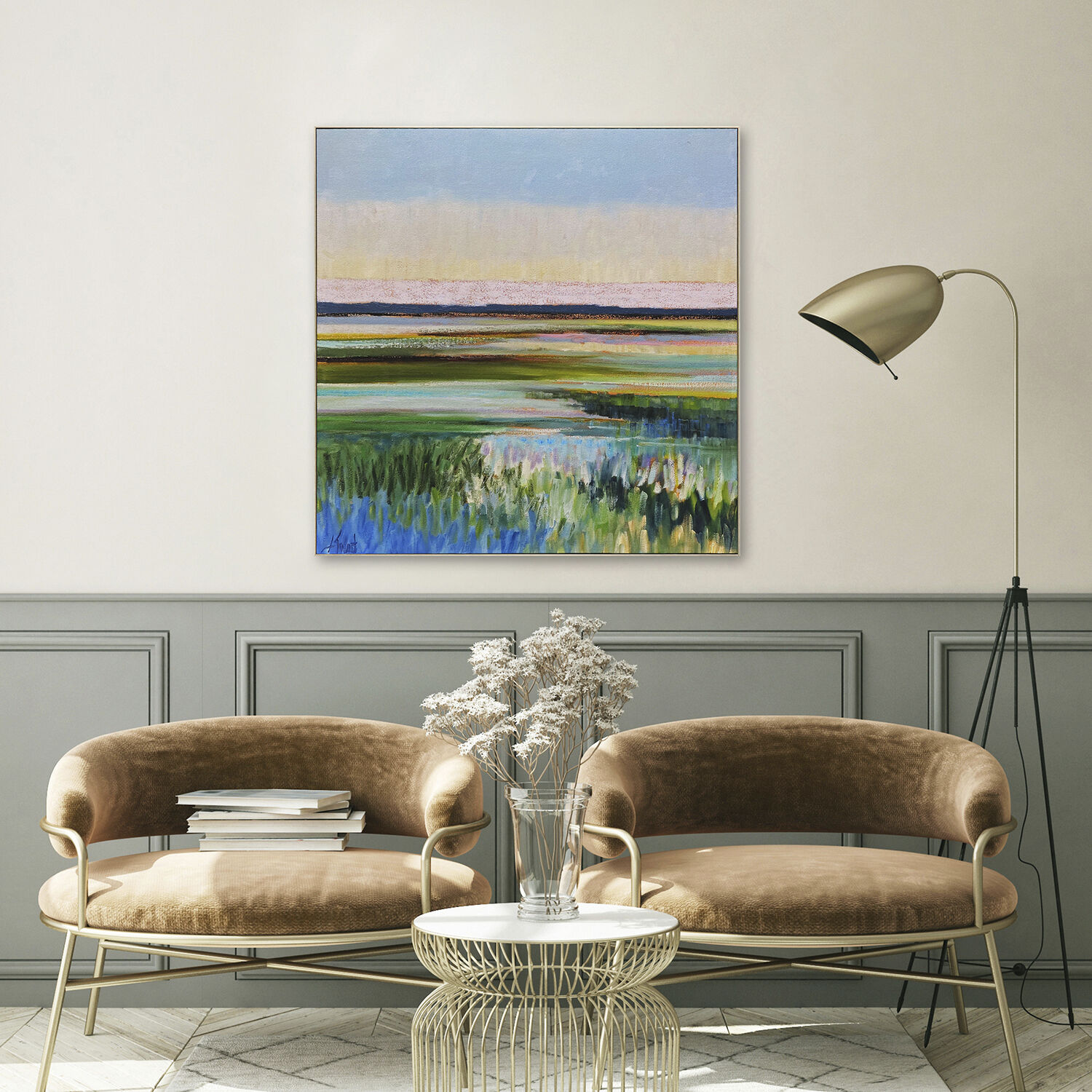 Waterside Blue and Green and Pink and Yellow Framed Art