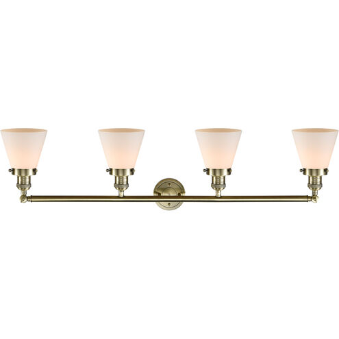 Franklin Restoration Small Cone 4 Light 42 inch Antique Brass Bath Vanity Light Wall Light in Incandescent, Matte White Glass, Franklin Restoration