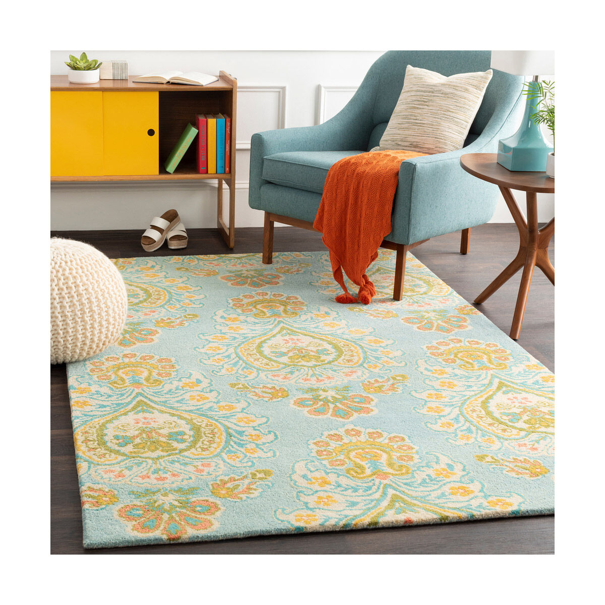 Technicolor 90 X 60 inch Aqua/Teal/Bright Yellow/Coral/Dark Green/Butter Rugs, Rectangle