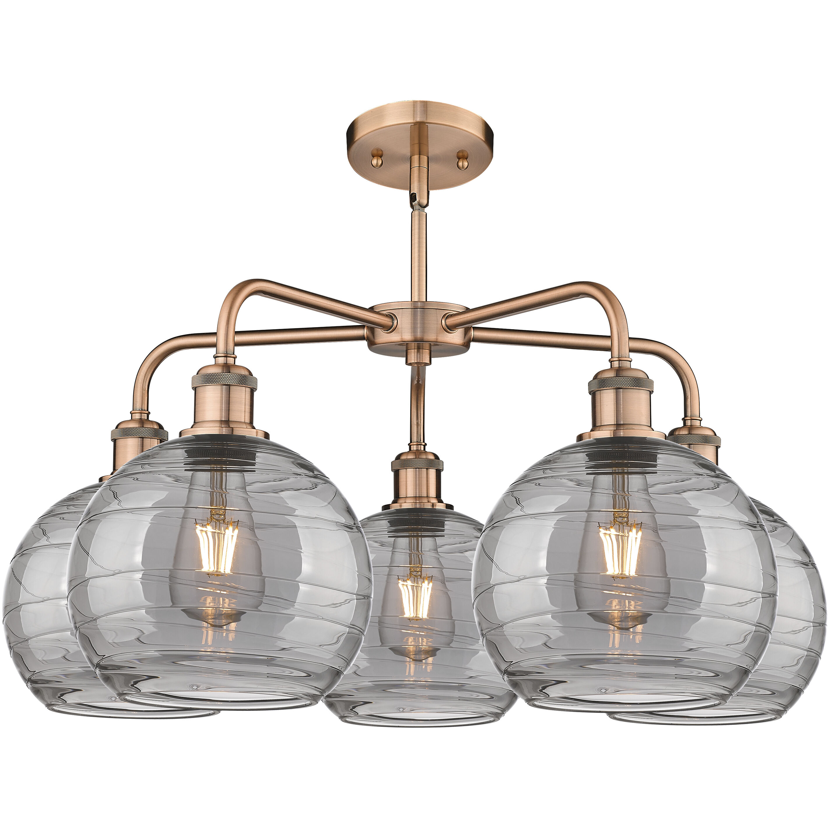 Ballston Athens Deco Swirl 5 Light 26 inch Antique Copper Stem Hung Chandelier Ceiling Light in Light Smoke Deco Swirl Glass