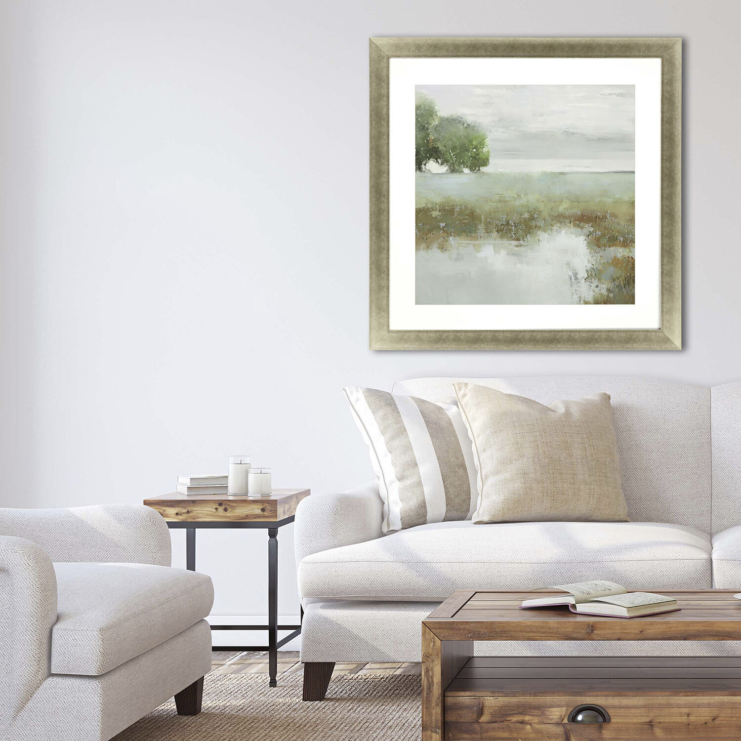 Trees and Creek Green and Gray and Brown and White Framed Art