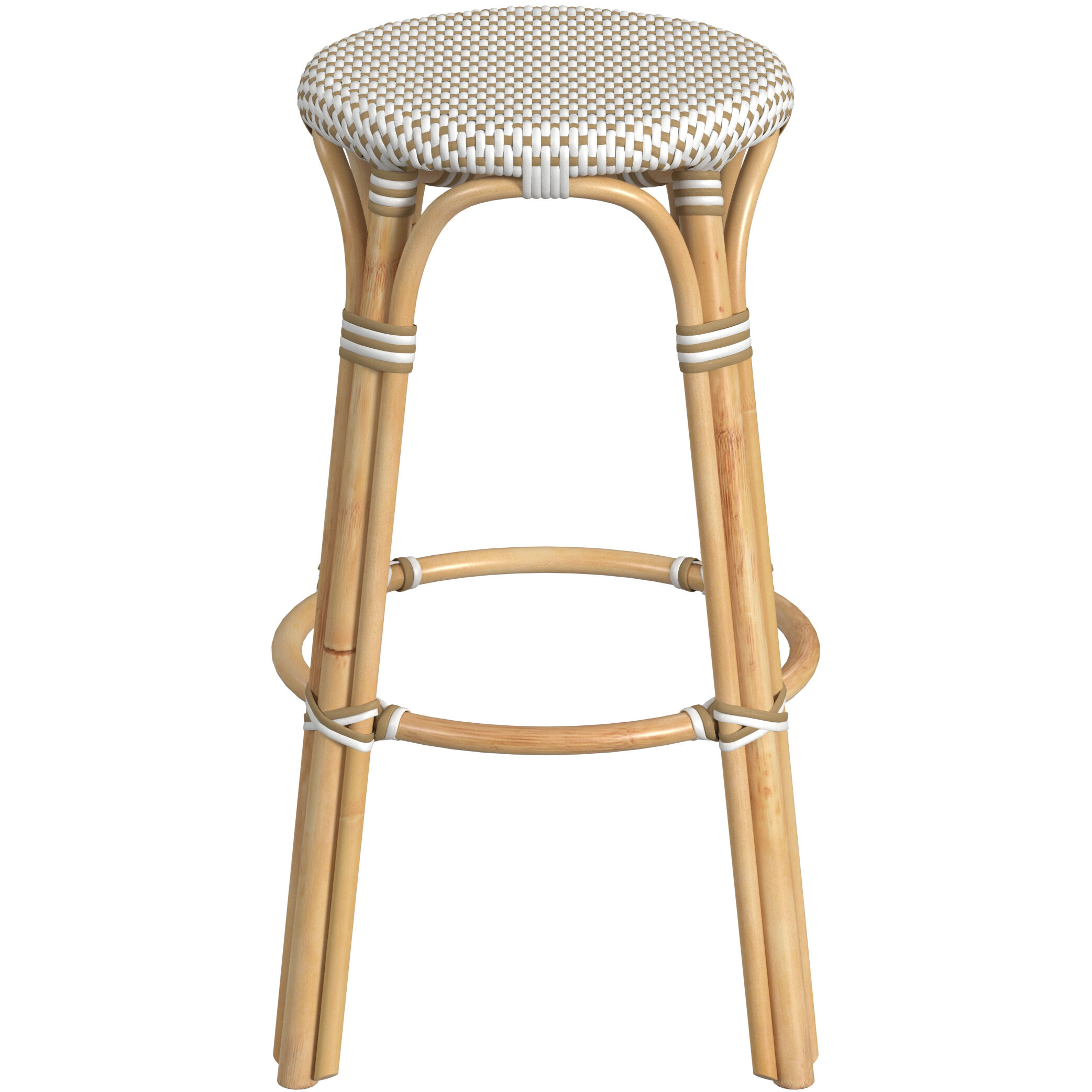 Tobias Round Rattan 30" Bar Stool in White and Tan Dot