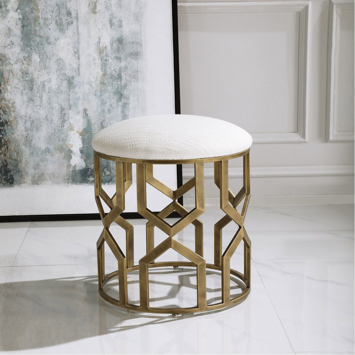 Trellis 21 inch Antique Brushed Brass and White Textured Fabric Accent Stool