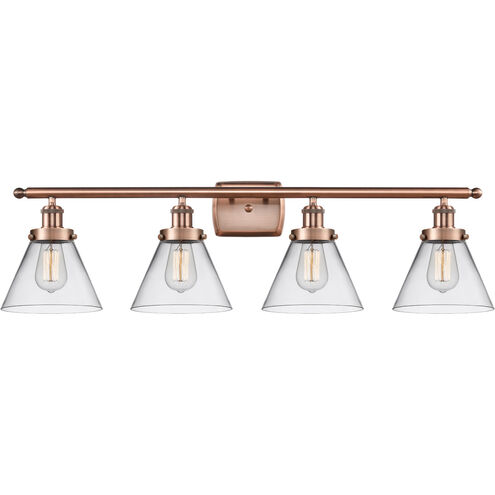 Ballston Large Cone 4 Light 36 inch Antique Copper Bath Vanity Light Wall Light in Clear Glass