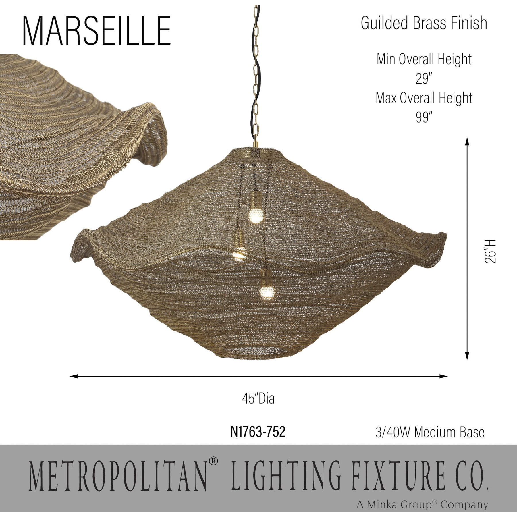 Marseille 3 Light 43 inch Brass Antique Pendant Ceiling Light
