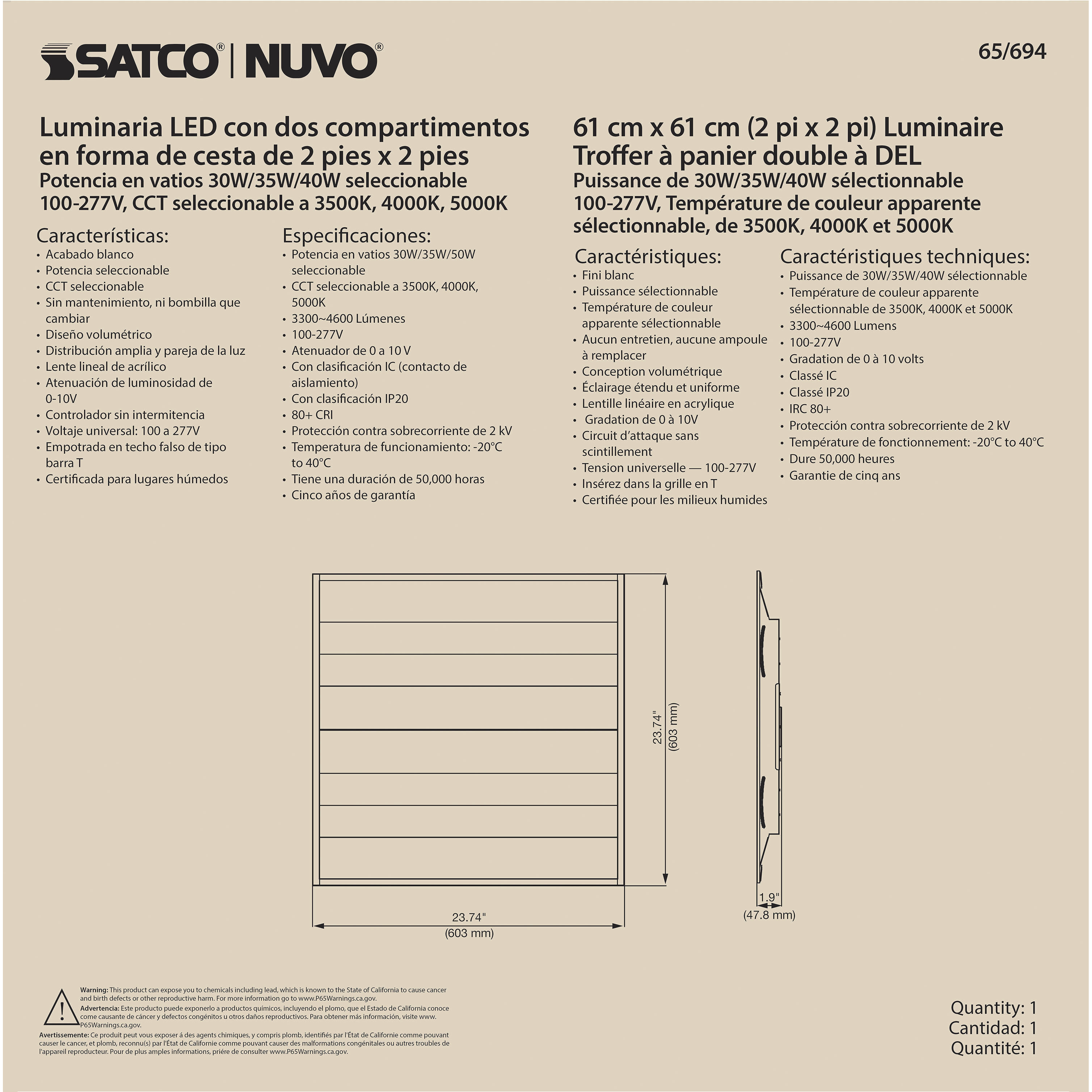 Brentwood LED 24 inch White Troffer Ceiling Light, Double Basket